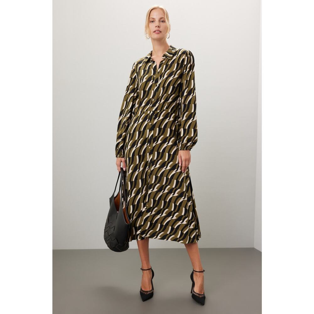 Yerse Jane Green Geometric Print Long Sleeve Midi Shirt Dress Size Medium